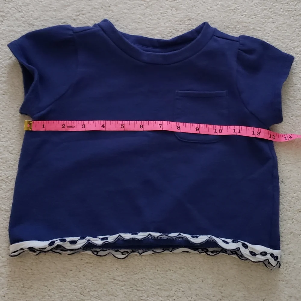 Janie and Jack Girls' Navy French Terry Short Sleeve Shirt With Eyelet Trim sz5